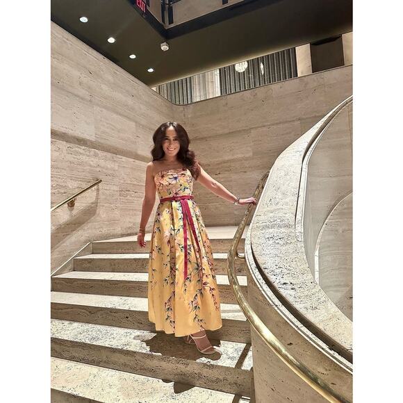 MARCHESA NOTTE Yellow Floral Printed Mikado Strapless Tea Midi Dress Size 18 - Picture 4 of 13